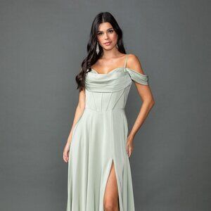 New Off the Shoulder Bridesmaid Chiffon Gown w/ Cowl Neck & Boned Bodice DQ 4539
